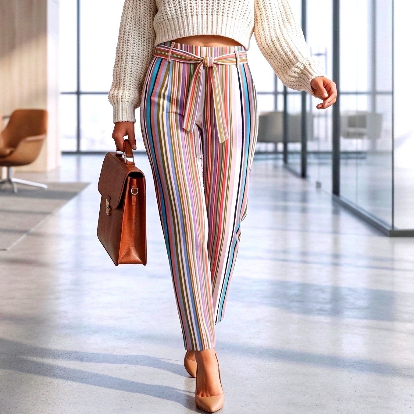 New York & Company 7th Avenue Design Studio Striped Tie Waist Cropped Pants 8